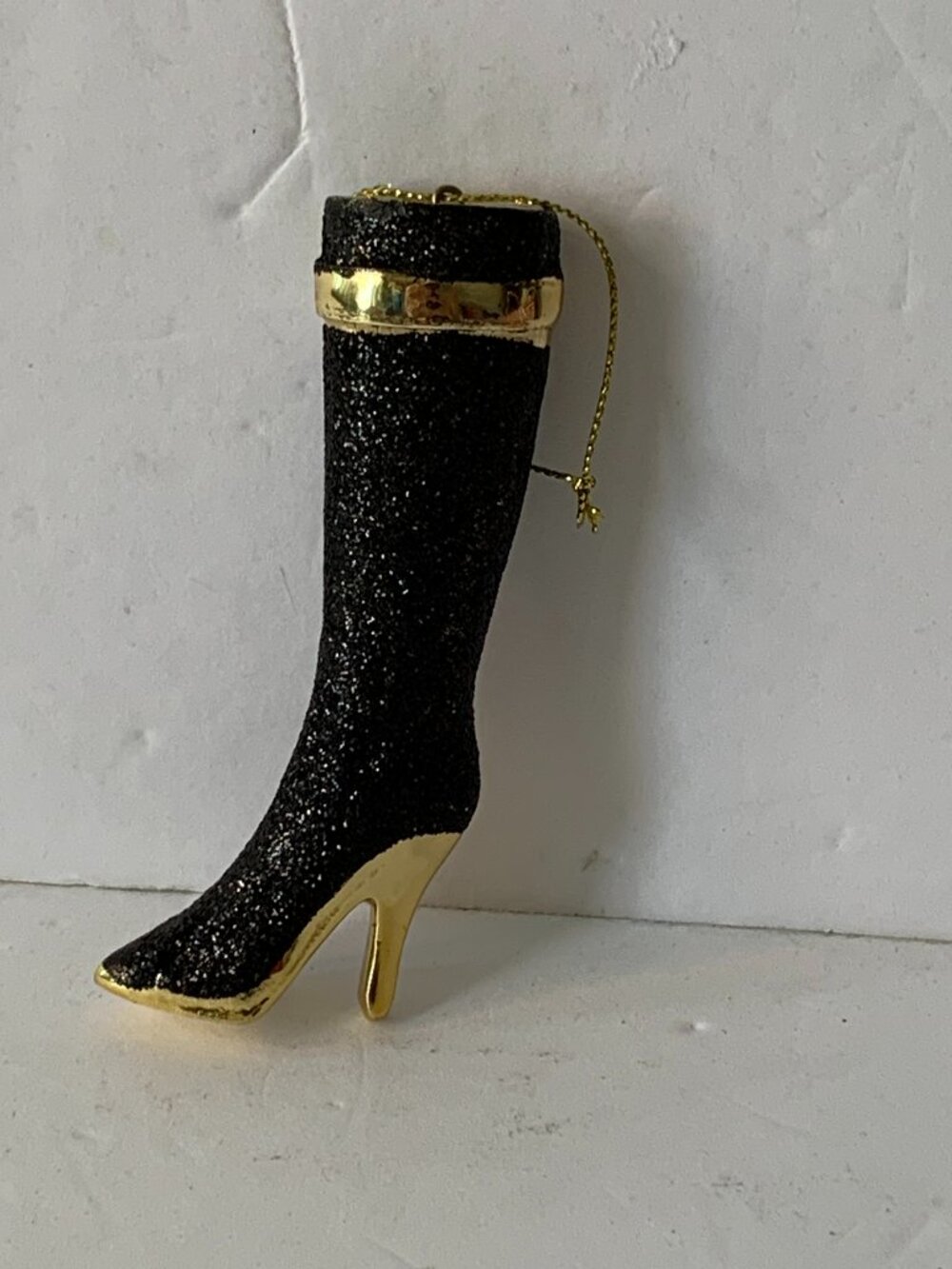 Vintage Pier 1 Black Glitter High-Heeled Boot Christmas Ornament 4" TALL